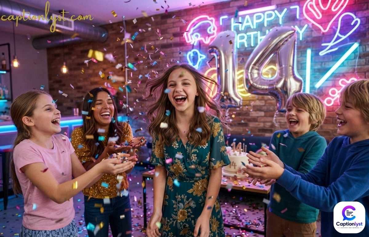 A 14th birthday celebration with cake, candles, and colorful balloons representing cute 14th birthday captions